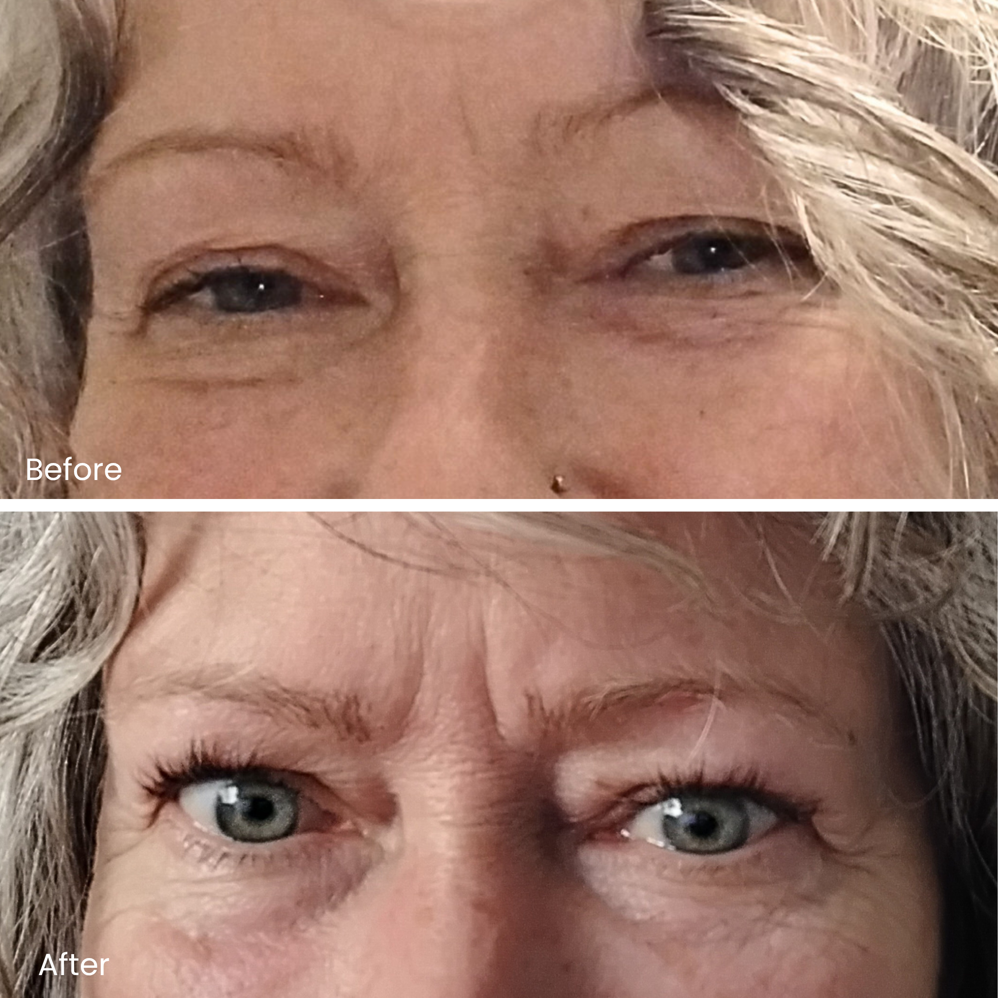 Before and after erthlash Fibre Lash Mascara showing built-up fibre volume — dramatic length for hooded eyes