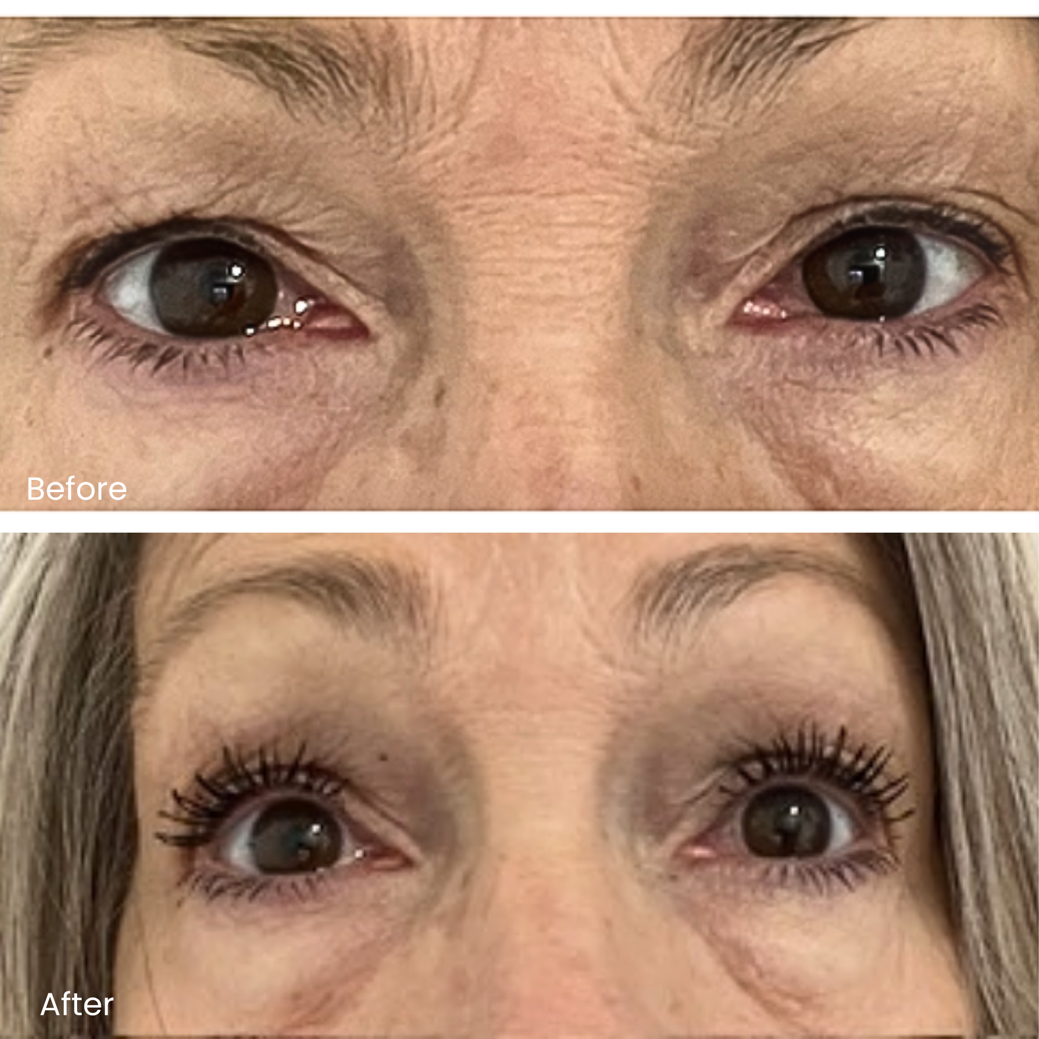Before and after erthlash Fibre Lash Mascara showing built-up fibre volume — dramatic length from repeated application